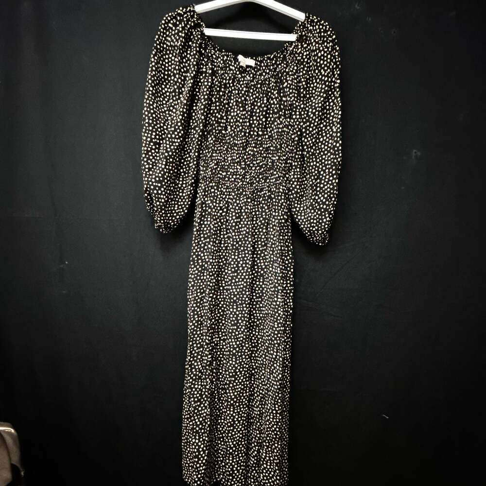 LOFT Black and White Polka Dot Smocked Waist Midi Dress Size S